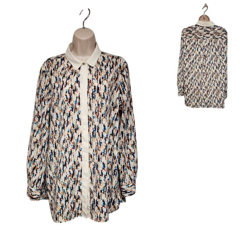 Ellen Tracy Women's Long Sleeve Semi-Sheer Button Down Geo Print Blouse Size L